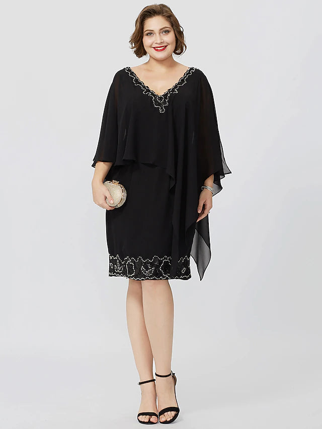 Etuikleid/Säulenkleid für die Mutter der Braut, formell, klassisch und zeitlos, elegant und luxuriös, Übergröße, V-Ausschnitt, knielang, Chiffon, ärmellos, nein, mit Kristallen und Perlen